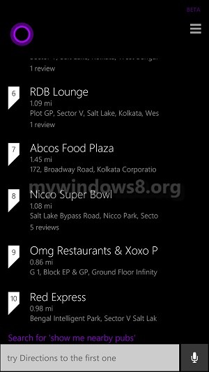 Use Cortana to find near by restaurants, pubs, discos, amusement parks