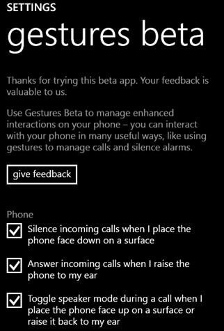 Gestures Beta app in Windows 10 includes only call management features