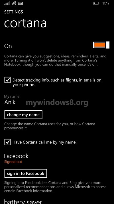 Turn On cortana from Settings