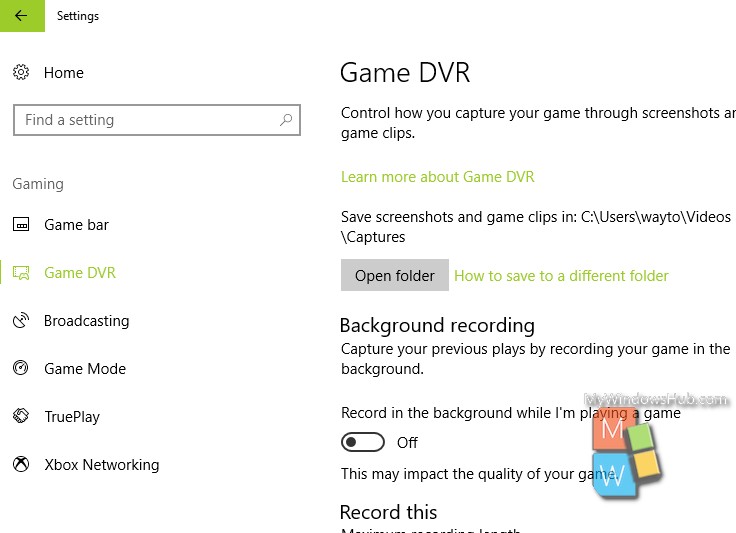 Xbox Dvr Application Settings Windows 10