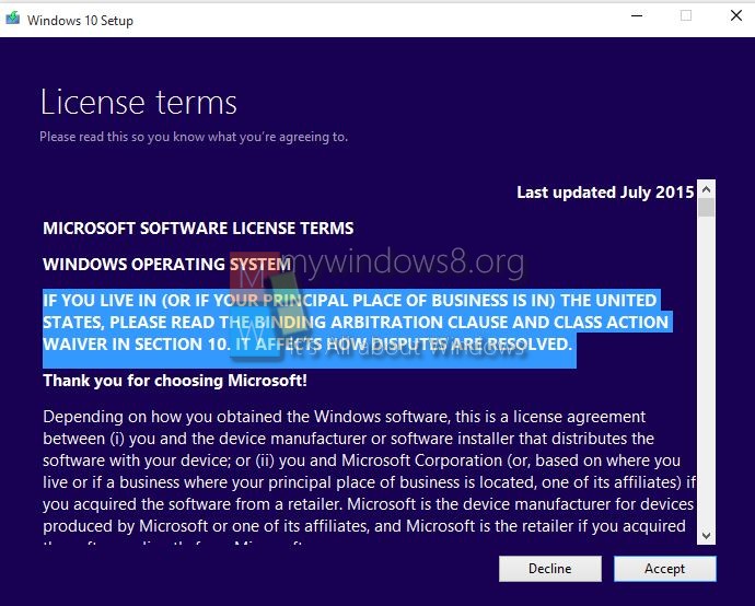 Accept License Term Windows 10