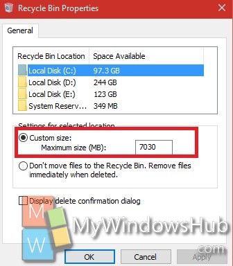 recycle bin settings