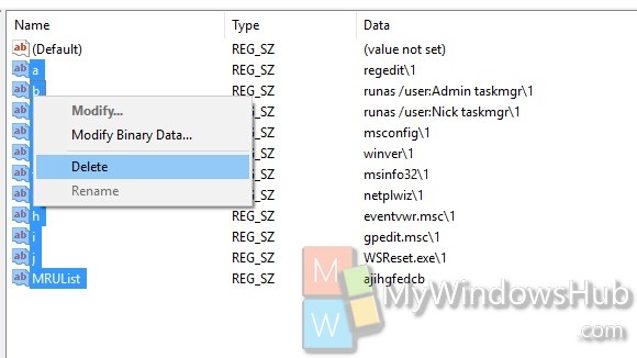 how to clear run history in windows 10