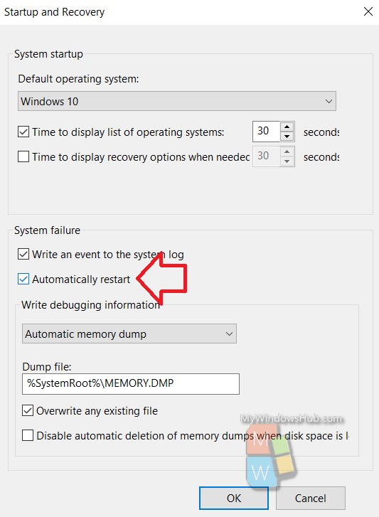 To Enable BSOD Automatic Restart In Windows 10