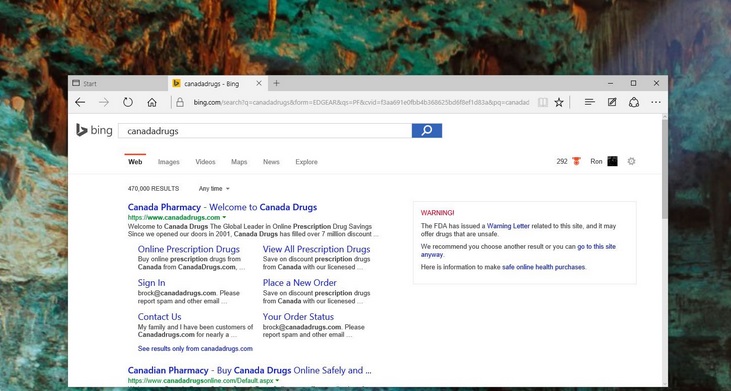 Bing will warn you if any online pharmacy you are searching is fake or malicious
