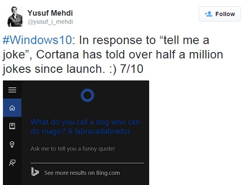 Cortana has entertained us with half a million jokes says Microsoft