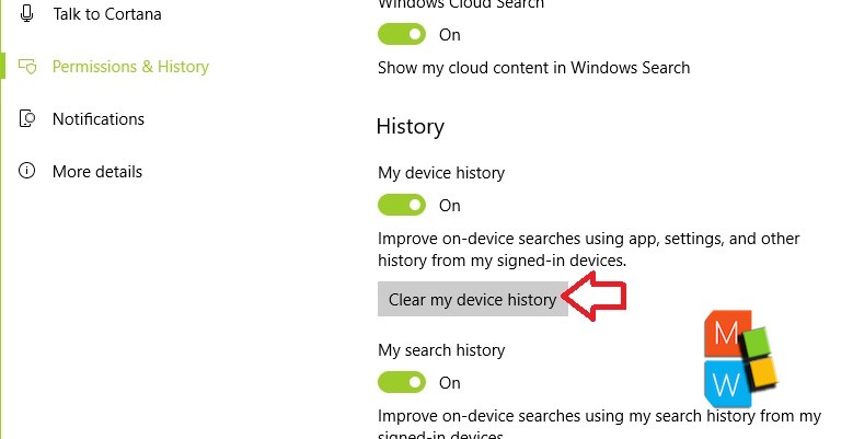 clear search history windows 10