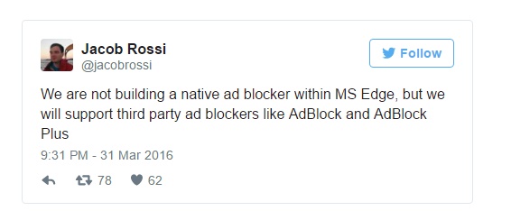 Microsoft not including ad blocker into Microsoft Edge browser