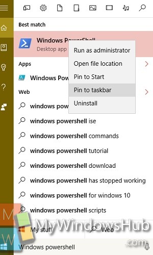 search powershell in Windows 10