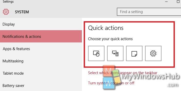 quick actions windows 10