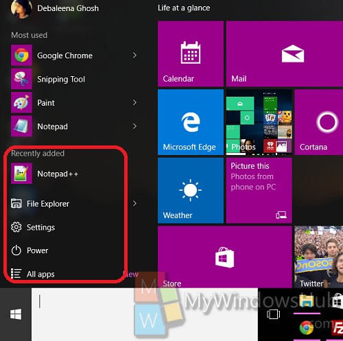 Start Menu options before