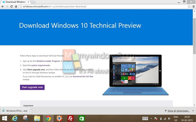 Start Upgrade Now Windows 10 Technical Preview
