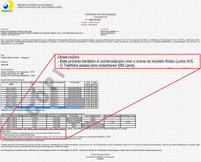 Brazil's regulating agency ANATEL approved new Lumia 435