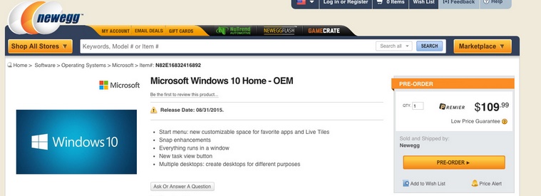 Windows 10 OEM pre-orders at Newegg