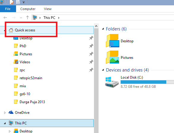 hide quick access windows 10