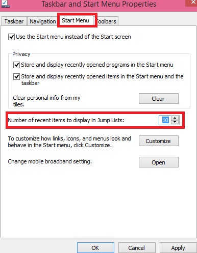 How to Change Number of Recent Items to Display in Jump Lists in Windows 10