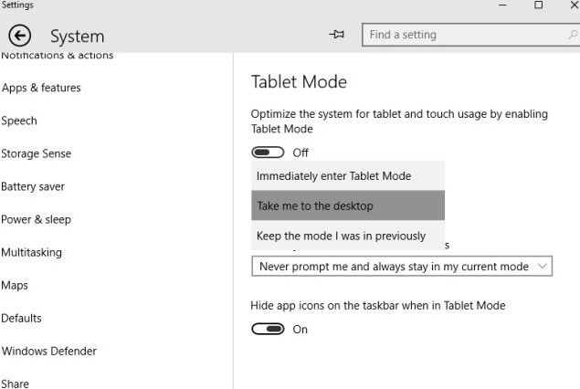 Windows 10 Build 10056 opens more settings for Tablet Mode
