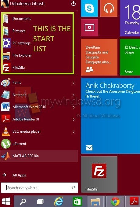 START LIST in Windows 10